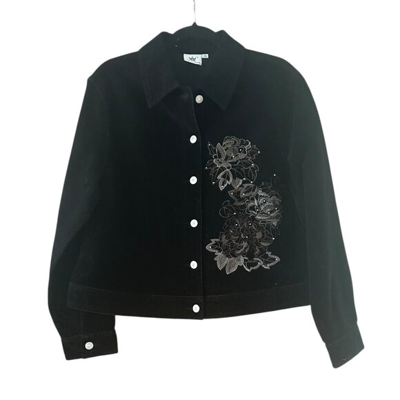 Vtg Lafei-Nier Black Corduroy Jacket 14 Floral Embroidery Whimsigoth Edgy Witchy - Picture 1 of 6